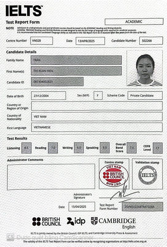 Xuân Hiền đạt IELTS 7.0