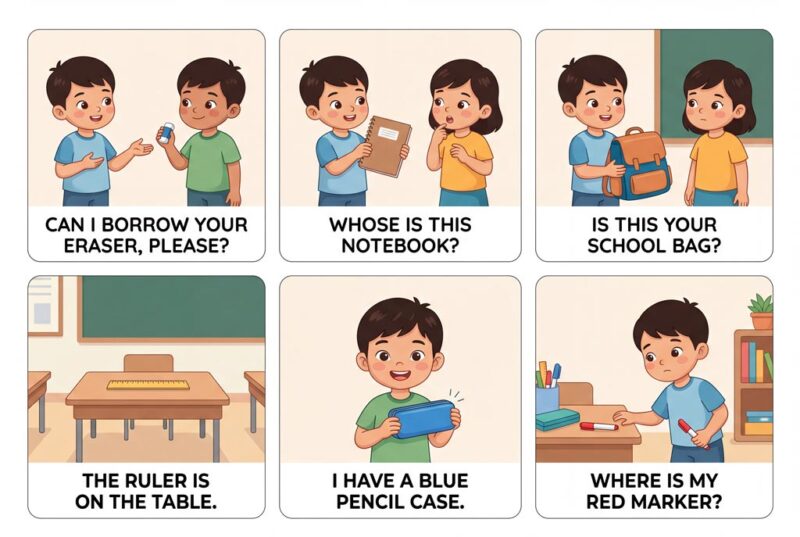 Các mẫu câu giao tiếp cơ bản sử dụng từ vựng đồ dùng học tập