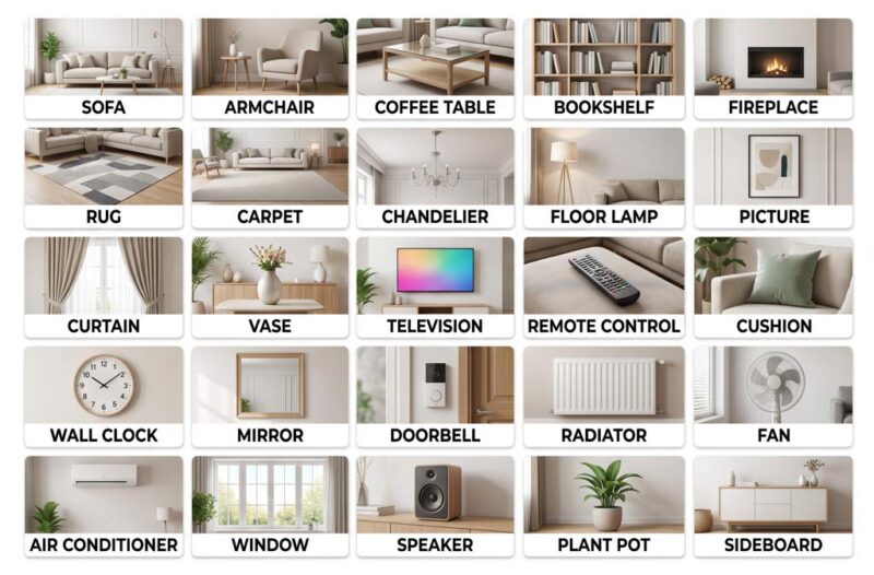 Vật dụng trong nhà bằng tiếng Anh: phòng khách và khu vực sinh hoạt chung