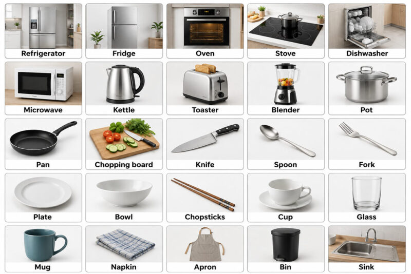 Tổng hợp từ vựng vật dụng trong nhà bằng tiếng Anh: đồ dùng nhà bếp